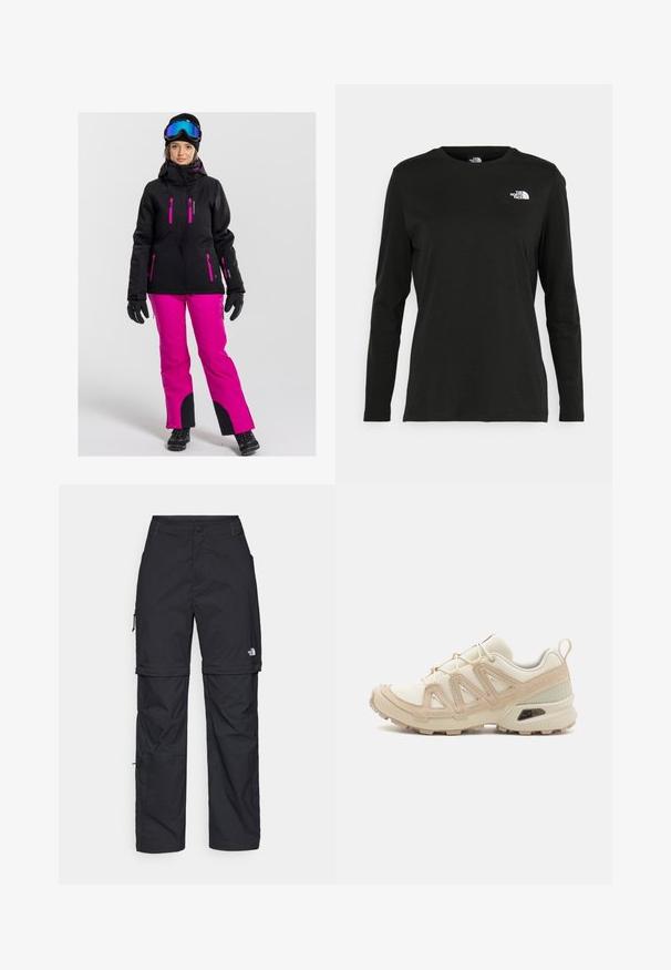 Svart skidjacka med rosa dragkedjor, i kombination med klara rosa skidbyxor. Inkluderar handskar, en svart mössa och blåtonade goggles. Matta och släta texturer.; Svart långärmad t-shirt i bomull med rund hals. Har en liten vit logotyp på vänster bröstområde. Enkelt design och passform.; Svarta nylonbyxor med avtagbara ben, justerbara muddar, flera fickor och en logotyp på högra benet. Slät, lätt textur.; Beige och krämfärgad atletisk sko med texturerad meshovandel, stöttande överdrag och gummisulor med ett mönster för grepp.
