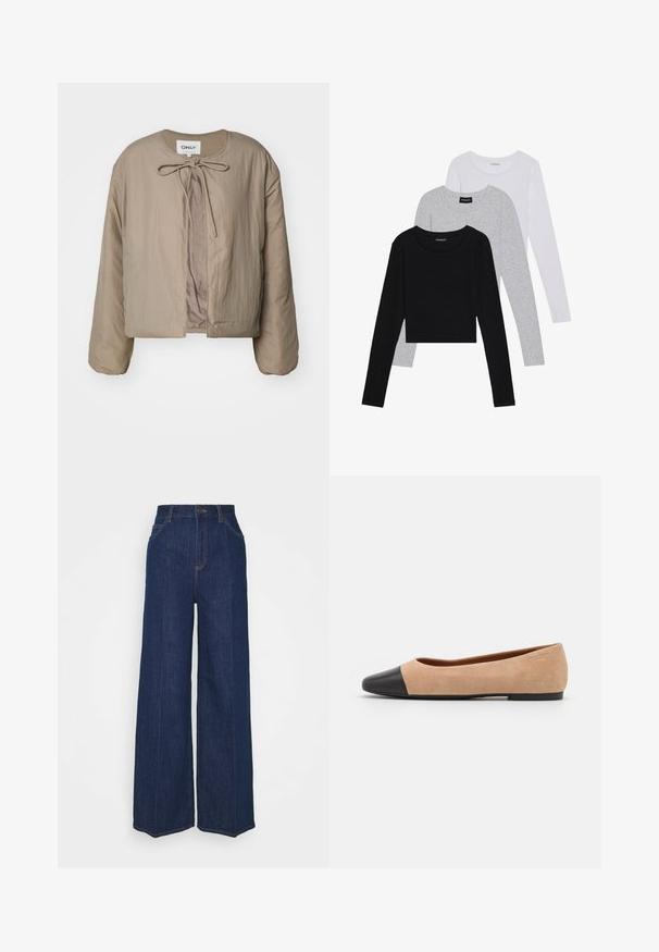 ONLY ONLWENDY BOW JACKET - Jachetă subțire - fungi; Trei bluze cu mânecă lungă așezate: neagră, gri și albă. Fiecare are un guler rotund și un design scurt, realizat dintr-un material fin și ușor.; Blugi din denim întunecat, cu talie înaltă și picioare largi, cu buzunare laterale și pe spate, închidere cu buton și detalii vizibile de cusătură.; Baletă din suede bej cu vârf rotund din piele neagră, toc jos și textură netedă, având cusături minime și un design curat.