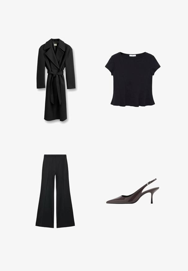 Zwarte wolmix jas met een dubbelbrede voorkant, brede revers, lange mouwen en een bijpassende riem. Gladde textuur met minimale details.; Zwarte korte mouwen top van zacht materiaal, met een ronde halslijn en een uitlopende onderkant met subtiele naaddetail. ; Zwarte wijde-pijpen broek met een gladde textuur, gekenmerkt door voorplooien en een op maat gemaakte uitstraling. De stof is lichtgewicht en vloeiend.; Puntige slingback hakken in donkerbruin lakleer, met een slanke hoge hak en een verstelbare enkelband met een gesp.