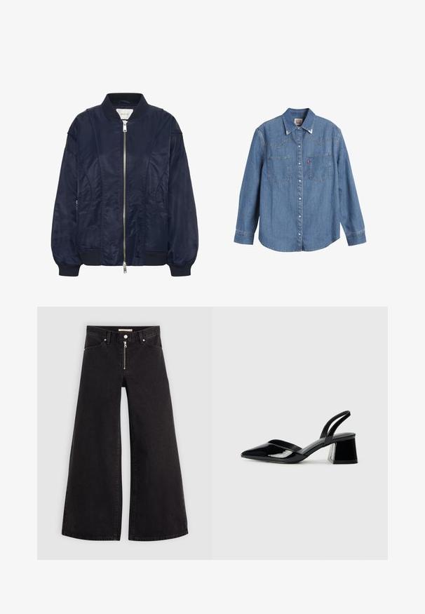 Tamsiai mėlynas bombonešis su užtrauktuku, elastingomis rankovėmis ir raukšlėta apykakle. Lygus satino tipo audinys su šoninėmis kišenėmis ir subtiliais siuvinėjimo akcentais.; Šviesiai mėlynas džinsinis marškinis su ilgomis rankovėmis, smailu apykakliniu kraštu, dviem krūtinės kišenėmis ir kontrastinėmis siūlėmis. Yra vakarietiško stiliaus jungo dizainas.; Plačios kojų džinsai iš juodo džinsinio audinio su užtrauktuku priekyje, penkių kišenių dizainu ir subtiliais siuvinėjimo akcentais. Lygus paviršius ir laisvalaikio stilius.; Juodos lakuotos odinės šlepetės su smailiu pirštu ir geometriniu bloko kulnu. Turi elegantišką, minimalistinį dizainą ir lygų paviršių.