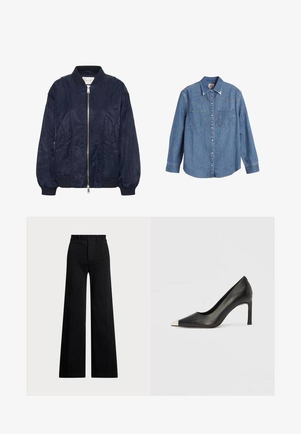 Námornícko modrá bomber bunda so zipsom na prednej strane, elastickými manžetami a rebrovaným golierom. Hladký saténový materiál so bočnými vreckami a jemnými prešitými detailami.; Svetlomodrá džínsová košeľa s dlhými rukávmi, špicatým golierom, dvoma náprsníkmi a kontrastným stehom. Obsahuje dizajn yoku v západnom štýle.; Čierne široké nohavice vyrobené z tkaniny, so vysokým pásom, predným zapínaním na gombík a bočnými vreckami. Hladká textura s čistými líniami.; Čierna kožená lodička s vysokým opätkom, špičkou a kovovou striebornou špičkou. Má hladký povrch a štíhly 10 cm opätok.