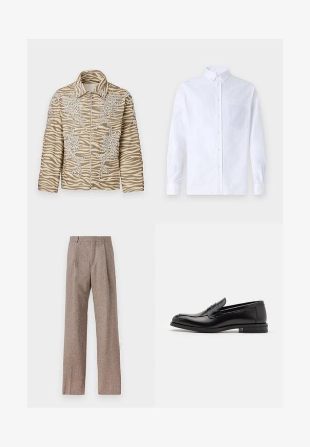 Zebra-patterned jacket in beige and brown, featuring intricate floral beadwork, a zip front, and a structured collar. Soft texture.; White long-sleeve button-up shirt made of cotton, featuring a chest pocket with tonal embroidery, a collar, and button cuffs.; Brown, high-waisted trousers made of textured fabric. Features wide legs and two front pleats for structure. Neat finish with no visible hardware.; Black leather loafers with a smooth texture, rounded toe, and a decorative strap across the vamp. Low stacked heel, minimalist design.