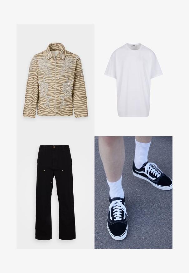 Zebramönstrad jacka i beige och brunt, med intrikata blommönster i pärlor, dragkedja fram och en strukturerad krage. Mjuk textur.; Vit bomull t-shirt med korta ärmar, rundad halsringning, avslappnad passform och utan synliga logotyper eller mönster. Slät textur och minimal design.; Svarta denimbyxor med rak bendesign, med guld accenter och synlig sömnad på fram- och bakfickorna.; Svarta mockaskor med vita detaljer och snören, tillsammans med vita ribbade ankelsockor, placerade på en texturerad grå yta.
