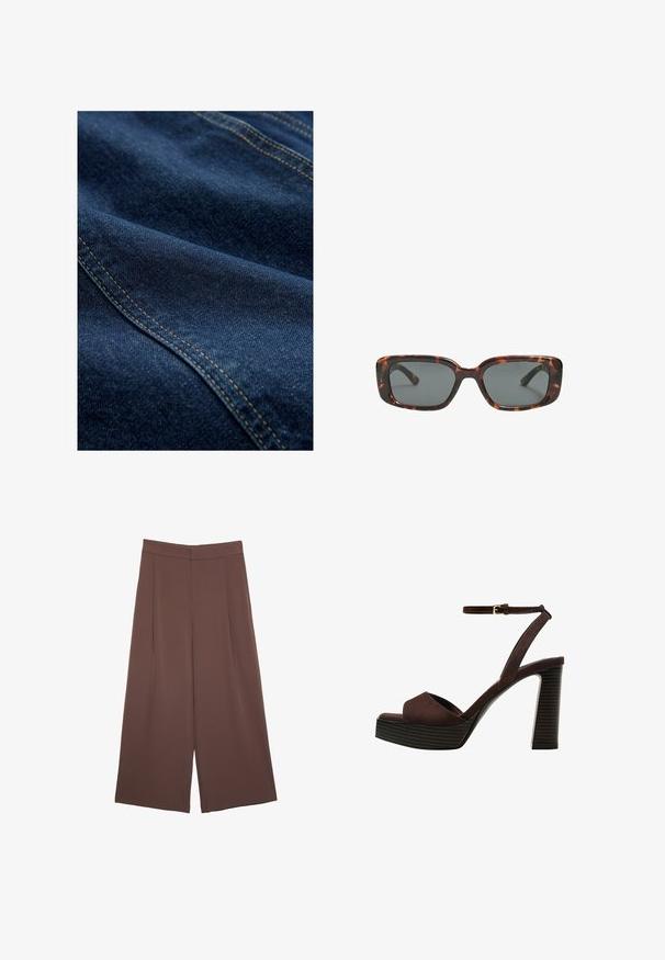 Tamno plava traper tkanina glatke teksture, s vidljivim šavovima u kontrastnoj žutoj boji, koja prikazuje nabore i bore.; Tamno smeđi pleteni pulover s okruglim izrezom, spuštenim ramenima, rebrastim manžetama i rubom, karakteriziran mekim teksturom i opuštenim krojem.; Smeđe hlače širokog kroja s glatkom teksturom, koje imaju visok struk i nabore sprijeda. Tkanina je lagana i slobodno se kreće.; Smeđe zamšaste sandale s visokim potpeticama, otvorenim prstima, podesivom trakicom oko gležnja i prugastom platformom.; Smešane sunčane naočale s pravokutnim lećama, debelim okvirom i tamnim lećama. Glatka tekstura i minimalistički dizajn.; Meka mekana smeđa torba hobo stila s jednim širokim remenom i zakrivljenim otvaranjem na vrhu, prikazana na bijeloj pozadini.
