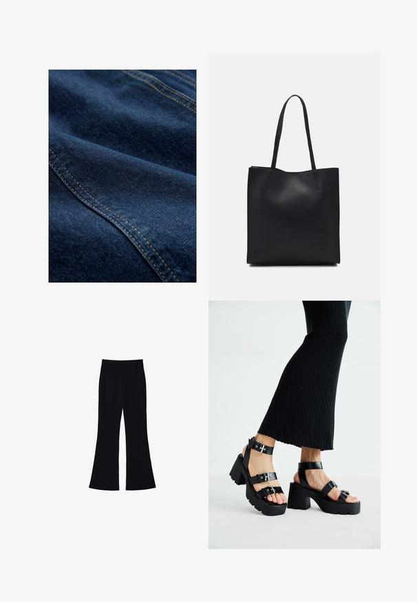 Tmavomodrá džínovina s hladkou textúrou, ktorá má viditeľné stehy v kontrastnej žltej farbe, s prehnutiami a záhybmi.; Čierne tričko s krátkym rukávom vyrobené z jemného materiálu. Má klasický okrúhly výstrih a voľný strih. Bez vzorov alebo akcentov.; Čierne široké nohavice s vysokým pásom a bez viditeľných vreciek alebo gombíkov, zobrazené na bielom pozadí.; Čierne platformové sandále s robustnými, zúbkovanými podrážkami a viacerými popruhmi, s kovovými prackami a hladkým textúrou pripomínajúcou kožu.; Čierna kožená taška na rameno s hladkým povrchom, obdĺžnikovým tvarom a dvoma dlhými uchami. Bez viditeľného kovania alebo ozdôb.