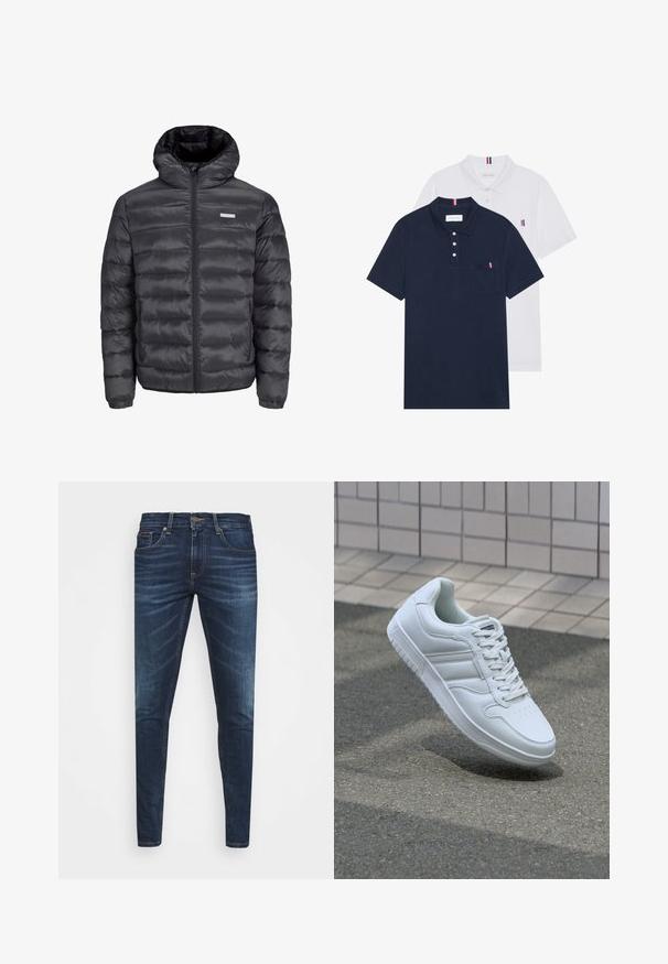 Melnā pūkļu jaka ar kapuci, ar horizontāliem izšuvumiem, priekšējo rāvējslēdzēju un divām ar rāvējslēdzēju aizveramām sānu kabatām. Gluda tekstūra.; Divas polo kreklu komplekts: viens tumši zils un viens balts, abi ar mazu sarkanu, baltu un zilu akcentu uz krūšu kabatas un apkakles.; Tumši zili džinsi ar šauru piegriezumu, ar vieglu izbalēšanu, piecām kabatām un metalizētu pogu aizdari. Šuvju akcenti kontrastējošā krāsā.; Balti sporta apavi ar gludu ādas virsu, sasienamais priekšpuse, perforēts purngals un rakstaina zole. Minimālisma dizains ar trim sānu svītrām.