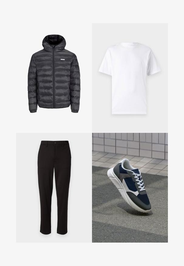 Chaqueta de plumas negra con capucha, que presenta secciones acolchadas horizontales, un cierre frontal de cremallera y dos bolsillos laterales con cremallera. Textura suave.; Camiseta blanca de manga corta hecha de algodón con cuello redondo, que presenta una textura suave y un diseño simple sin patrones ni acentos.; Pantalones negros de tela ligera, con pierna recta, cierre frontal con botón, trabillas para cinturón y bolsillos laterales.; Zapatillas con una parte superior de malla azul marino, detalles en gamuza gris, suela de goma blanca y cordones blancos planos, diseñadas para la comodidad y transpirabilidad.