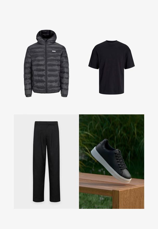 Čierna prešívaná bunda s kapucňou, s horizontálnymi prešívanými sekciami, predným zipsom a dvoma bočnými vreckami na zips. Hladká textura.; Čierne bavlnené tričko s okrúhlym výstrihom, krátkymi rukávmi a uvoľneným strihom. Hladká textúra bez viditeľných vzorov alebo akcentov.; Čierne nohavice vyrobené z hladkej tkaniny, s rovnými nohavicami, dvoma prednými skladmi a štandardným pásom s pútkami na opasok.; Čierne kožené tenisky s hladkým povrchom, biela gumená podrážka a šesť dierok na šnúrky, vystavené na drevenom povrchu.