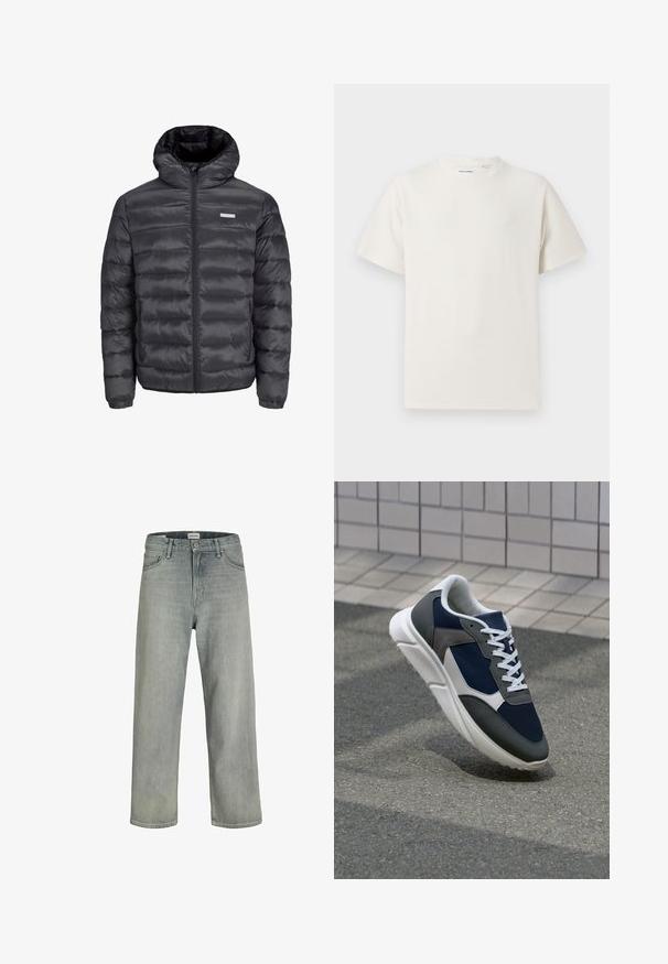 Schwarze Steppjacke mit Kapuze, mit horizontalen Steppnähten, einem Frontreißverschluss und zwei seitlichen Reißverschlusstaschen. Glatte Textur.; Weißes T-Shirt mit kurzen Ärmeln in gerippter Textur. Runder Ausschnitt, lockere Passform, keine sichtbaren Muster oder Akzente. Einfaches und vielseitiges Design.; Hellgraue, locker sitzende Jeans aus Denim. Verfügt über ein klassisches Fünf-Taschen-Design, Gürtelschlaufen und eine gerade Bein-Silhouette.; Sneaker mit einem Obermaterial aus navyblauem Mesh, grauen Wildlederelementen, einer weißen Gummisohle und flachen weißen Schnürsenkeln, entworfen für Komfort und Atmungsaktivität.