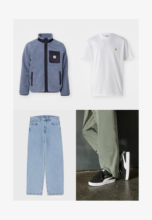 Carhartt WIP PRENTIS LINER - Fleecejakke - dove grey/black; Hvit bomull t-skjorte med korte ermer, rund hals, med en liten gulllogo på venstre brystområde. Myk tekstur og vanlig passform.; Lyseblå denimjeans med rett ben-design, med mid-rise liv, fem lommer og knap og lynlås lukning.; Sorte semskede sneakers med hvite gummisåler og sidestiper, sammen med lysegrønne cargo-bukser, står på en teksturert mørk overflate.