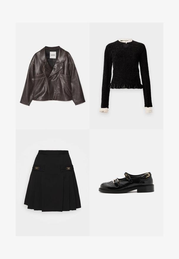 Rjava usnjena jakna z izrezanim ovratnikom, asimetričnim zapiranjem s gumbi in izrazitimi stranskimi žepi. Ima kontrastne šive.; Črn dolg rokav vrh z teksturirano tkanino, nabranim robom in belimi nabranimi poudarki na ovratniku in manšetah. Ima osrednji zanka zapiranje.; Črna plisirana krila z zlatimi dodatki. Ima stranske žepe z logotipom, izdelana je iz gladkega materiala. A-linijska silhueta.; Črne usnjene čevlje z brogu podrobnostmi, ki vključujejo dva zaponka, okroglo konico in nizko peto. Gladka tekstura z sijočim zaključkom.