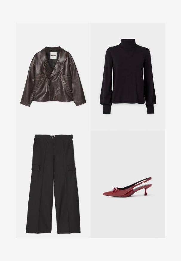 Hnědá kožená bunda s klopovým límcem, asymetrickým zapínáním na knoflíky a výraznými bočními kapsami. Obsahuje kontrastní švy.; VILA VIAMANDA TURTLE NECK - Svetr - black; Černé kalhoty s širokými nohavicemi vyrobené z hladké, odolné tkaniny. Obsahují přední kapsy a dvě cargo kapsy se zapínáním na knoflíky.; Červené lakované kožené boty na klínku s špičatou špičkou, malým podpatkem a mašlí na přední části. Mají také výřezové detaily na bocích.