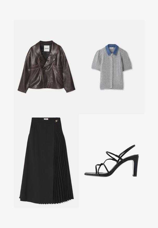 Hnedá kožená bunda s vykrojeným límcom, asymetrickým zapínaním na gombíky a výraznými bočnými vreckami. Obsahuje kontrastné švy.; Sivý pletený cardigan s krátkym rukávom, zdobený káblovým vzorom, s džínsovým golierom a piatimi zlatými gombíkmi na prednej strane.; Čierna midi sukňa s plisovaným dizajnom na jednej strane, vyrobená z ľahkej tkaniny, s skrytým zipsom a bočnými vreckami.; Čierne sandále na podpätku s tenkými pásikmi, štruktúrovaným povrchom, otvorenou špičkou a elegantným, špicatým dizajnom podpätku. Majú hladkú stélku a lesklý povrch.