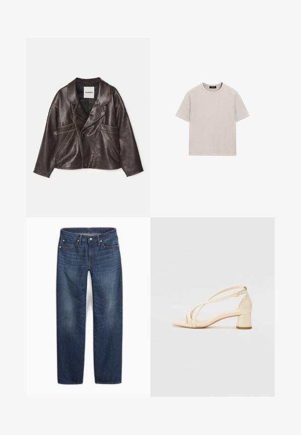 Hnědá kožená bunda s klopovým límcem, asymetrickým zapínáním na knoflíky a výraznými bočními kapsami. Obsahuje kontrastní švy.; Světle šedé bavlněné tričko s krátkými rukávy, kulatým výstřihem a volným střihem. Obsahuje minimální švy a žádné viditelné vzory nebo akcenty.; Tmavě modré džínové kalhoty s přímým střihem nohavic. Součástí jsou zavírání na knoflík, pět kapes a jemné vyblednutí látky.; Béžové sandály na podpatku s blokovým podpatkem, s řemínkovým designem a nastavitelným kotníkovým páskem, vyrobené z hladkého syntetického materiálu s matným povrchem.