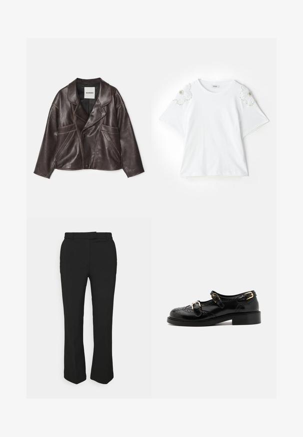 Hnědá kožená bunda s klopovým límcem, asymetrickým zapínáním na knoflíky a výraznými bočními kapsami. Obsahuje kontrastní švy.; sandro Triko s potiskem - blanc; Černé kalhoty na míru se střihovým designem rovného nohavice, mají poutka na opasek a boční kapsy. Vyrobené z hladké tkaniny s čistým zakončením.; Černé kožené boty s brogue detaily, vybavené dvěma sponami, zaoblenou špičkou a nízkým podpatkem. Hladký povrch s lesklým finišem.