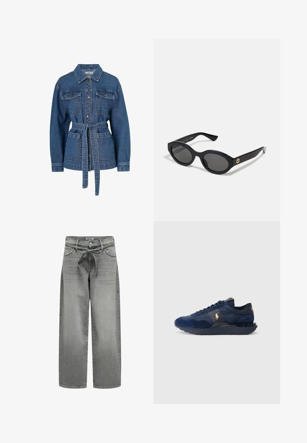Chaqueta de mezclilla en azul oscuro con cintura ceñida por cinturón, cierre de botones, dos bolsillos en el pecho y cuello. Cuenta con mangas largas y un ligero desgastado.; Camisa blanca de botones hecha de algodón suave con un cuello clásico, que presenta un dobladillo recto y botones beige en la parte delantera.; Vaqueros de mezclilla gris de pierna ancha con una cintura ajustable con cordón y bolsillos delanteros. La tela presenta una ligera textura y un acabado desgastado.; Zapatillas deportivas azul marino con materiales de ante y malla, con suela de goma, diseño de cordones y un acento de logo dorado.; Gafas de sol negras en forma ovalada con lentes oscuros y montura de plástico brillante. Presenta un logo dorado en la patilla, ofreciendo un diseño elegante y moderno.; Bolso tote negro hecho de tela, con un logotipo embellecido destacado en un diseño circular. Textura suave con acentos de cuero en contraste.
