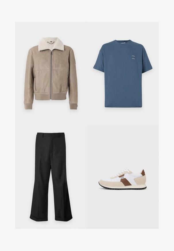 Tan suede jacket with a textured finish, featuring a cream shearling collar, zippered front, and two side pockets. Ribbed cuffs.; Blue cotton t-shirt with a classic crew neck, short sleeves, relaxed fit, and two small printed logos on the chest. Smooth texture.; Black wide-leg trousers with buttoned waistband and cuffed hems, displayed against a plain white background.; Sneakers featuring a mix of white mesh and beige suede, with a brown leather accent. Rounded toe, flat rubber sole, and lace-up design.
