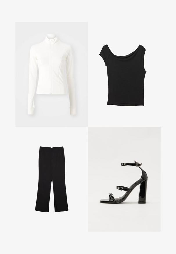 Hvid zip-up jakke med lange ærmer, lavet af glat, strækbart stof. Har en høj krave og en tætsiddende design med raglanærmer.; Sort kortærmet top lavet af glat stof; har en draperet halsudskæring og en asymmetrisk kant, med en tætsiddende pasform.; Sorte bukser med lige pasform, der har frontlommer og slidser i kanten. Lavet af blødt, glat stof. Velegnet til forskellige anledninger.; Sorte patenterede hælsandaler med firkantet tå, ankelremme og sølvspænder. Har en chunky blokHæl for stabilitet.