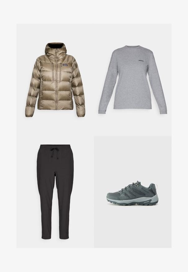 Casaco acolchoado castanho com gola alta, capuz, fecho frontal completo, dois bolsos verticais no peito e logótipo da Patagonia no peito.; Patagonia LOGO RESPONSIBILI-TEE - Camisola de manga comprida - gravel heather; Calças de jogging pretas com uma cintura elástica, detalhe de cordão e bolsos laterais. Feitas de um tecido leve e suave.; Sapatos de caminhada cinza escuro com parte superior em malha e camurça, design de atacadores, sola amortecida e sola robusta com padrão de aderência.
