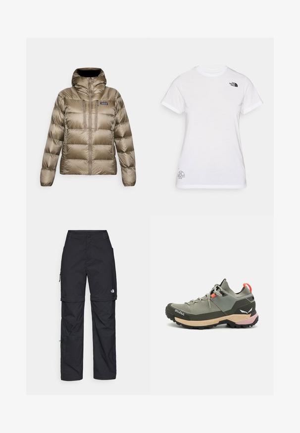 Brązowa pikowana kurtka z wysokim kołnierzem, kapturem, pełnym zapięciem na zamek z przodu, dwoma pionowymi kieszeniami na piersi oraz logo Patagonia na klatce piersiowej.; Biała koszulka bawełniana z czarnym logo na lewej piersi i szarym graficznym wzorem w prawym dolnym rogu. Klasyczny okrągły dekolt i krótkie rękawy.; Czarne nylonowe spodnie cargo z odpinanymi nogawkami, regulowanymi mankietami, wieloma kieszeniami oraz logo na prawej nogawce. Gładka, lekka tekstura.; Lekkie zielone buty trekkingowe z siateczkowymi i gumowymi materiałami, czarną podeszwą zapewniającą przyczepność, różowymi i pomarańczowymi akcentami oraz wzmocnionym czubkiem.