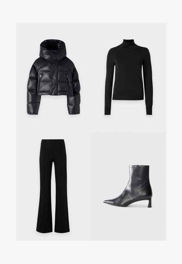 DSQUARED2 ICON PUFFER KABAN - Doudoune - black; Pull à col roulé noir à manches longues avec des poignets et un ourlet côtelés, présenté sur un fond blanc uni.; Pantalons évasés noirs avec une taille haute, fabriqués en tissu extensible. Présente des détails de couture verticaux sur le devant et une texture lisse.; Bottine en cuir noir avec un bout pointu et un design épuré. Présente un petit talon et une fermeture éclair à l'arrière. Texture lisse.