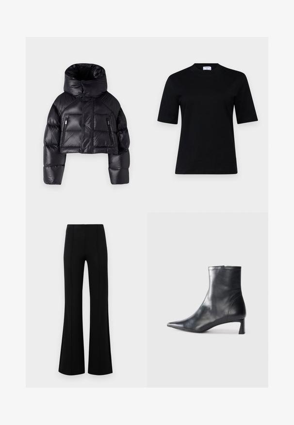 DSQUARED2 ICON PUFFER KABAN - Sulejope - black; Must mustrindiga lühikeste varrukatega must T-särk, mis on valmistatud pehmest materjalist, ümarate kaelustega ja sirge lõikega; esindab minimalistikku disaini, ilma nähtavate mustriteta.; Mustad põlvpüksid kõrge vöökohaga, valmistatud venivast kangast. Esiküljel on vertikaalsed õmblusdetailid ja sile tekstuur.; Mustad mustall nahkasaabas terava nina ja stiilse disainiga. Omab madalat konts ja luku sulgemist taga. Sile tekstuur.