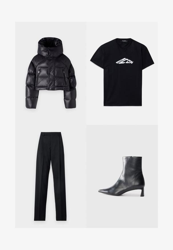DSQUARED2 ICON PUFFER KABAN - Gewatteerde jas - black; Zwart katoenen T-shirt met korte mouwen en een ronde hals. Bevat een witte grafische logo "DSQUARED2 CDN" op de voorkant.; Zwarte broek gemaakt van gladde stof met een hoge taille, wijde benen, voorplooien en klassieke ceintuurlussen. Geen zijzakken zichtbaar.; Zwarte leren enkellaars met een spitse neus en een slank ontwerp. Heeft een lage hak en een ritssluiting aan de achterkant. Gladde textuur.