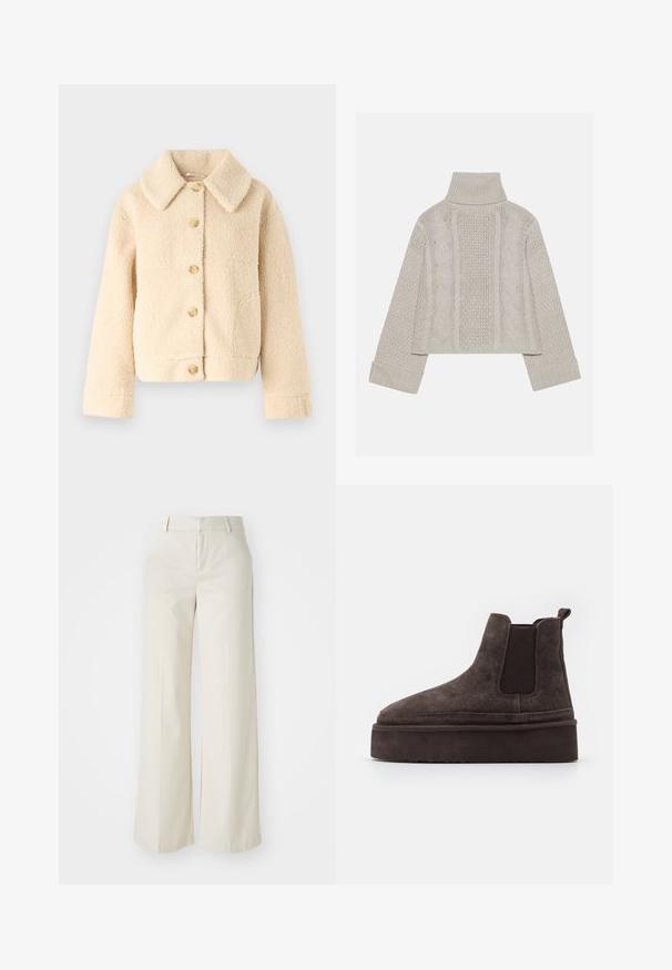 Beige, fleecejacka med krage, knappstängning framtill och två sidofickor. Har en mjuk, strukturerad yta och en kortare stil.; Beskurad, ljusgrå stickad tröja med hög krage och ribbade manschetter, med strukturerade kablar som går längs bakstycket och sidorna.; Vidbenade byxor i en ljus beige färg, gjorda av ett slätt tyg. Har en klassisk midja och flat front med rena linjer.; Bruna mockaskinn Chelsea-stövlar med elastiska sidopaneler och en tjock, texturerad platåsål. Har en dragflik vid hälen för enkel påtagning.