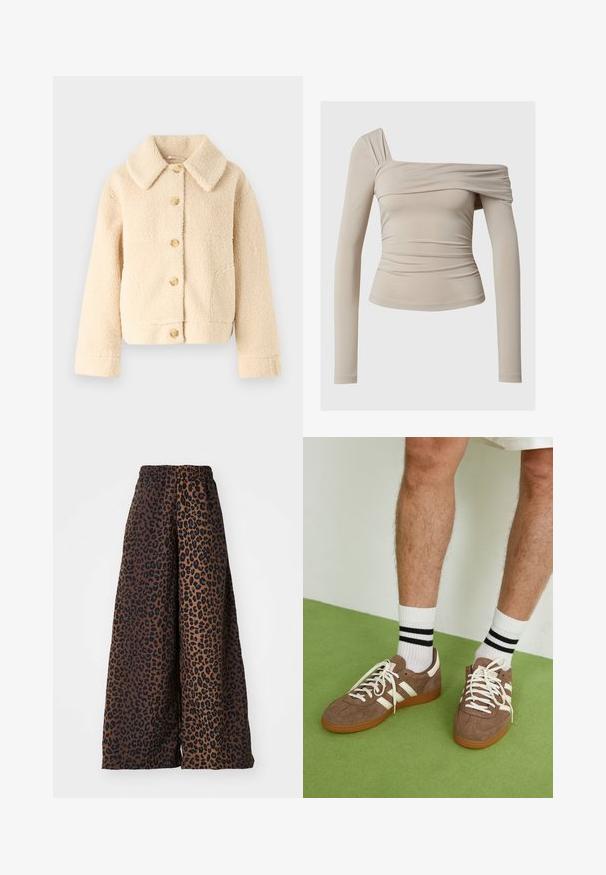 Beige flisasta jakna s ovratnikom, gumbom na sprednji strani in dvema stranskima žepoma. Ima mehak, teksturiran površini in skrajšano obliko.; Bež majica dolgih rokavov z dizajnom brez ramen, ki ima nabrano teksturo in prilegajoč silhueto. Gladek, raztegljiv material.; Široke hlače iz gladkega materiala, z rjavim ozadjem in črnimi leopardskimi vzorci ter elastičnim pasom.; Rjavi semiš športni čevlji z belimi detajli in vezalkami. Gumijast podplat. Nošeni z belimi nogavicami z črnimi črtami. Zelena teksturirana talna obloga.