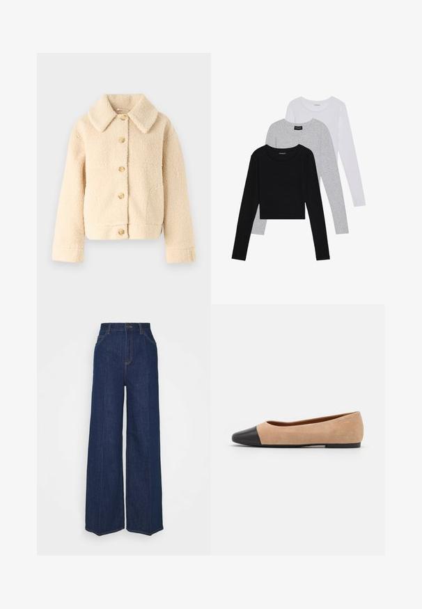 Chaqueta de felpa beige, con cuello, cierre frontal de botones y dos bolsillos laterales. Presenta una superficie suave y texturizada, además de un estilo corto.; Tres camisetas de manga larga apiladas: negra, gris y blanca. Cada una tiene un escote redondo y un diseño recortado con una tela suave y ligera.; Jeans de mezclilla oscuros de tiro alto y pierna ancha, con bolsillos delanteros y traseros, cierre de botón y detalles de costura visibles.; Bailarina de ante beige con una puntera redondeada de cuero negro, tacón bajo y textura suave, que presenta costuras mínimas y un diseño limpio.