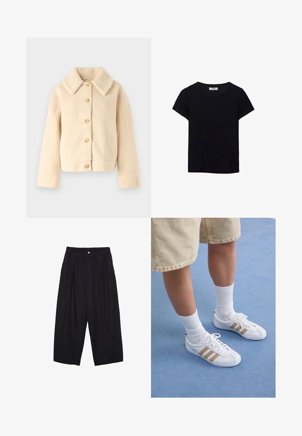 Beige, fleece-takki, jossa on kaulus, napitus edessä ja kaksi sivutaskua. Sisältää pehmeän, teksturoidun pinnan ja lyhyen leikkauksen.; Mustat lyhythihaiset t-paidat, jotka on valmistettu pehmeästä kankaasta. Contains classic pyöreä kaula-aukko ja rento istuvuus. Ei näkyviä kuvioita tai yksityiskohtia.; Musta polyesterinen culotte-housut, jossa on joustava vyötärö, kaksi etupleettiä ja löysä siluetti. Ei näkyviä kuvioita tai metallisia yksityiskohtia.; Valkoiset tennarit, joissa on kolme kultasta raidat, nauhakiinnitys, kumipohja, yhdistettynä ribbatun valkoisen sukan ja beigen shortsien kanssa sinisellä pinnalla.