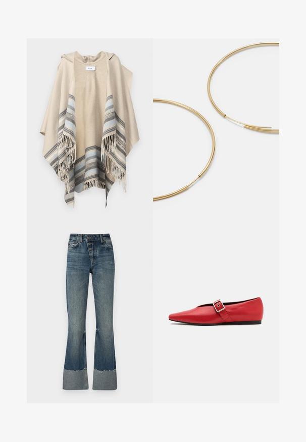 VILA VIEMMA HOODED PONCHO - Keep - birch; Hallide, lühikese lõikega hall sviiter, mis on valmistatud tekstuuriga kangast. Omab kõrget kaelust ja kahte esist taskut ning on lõdva istuvusega. Pikkade varrukatega.; Keskmise sinise värvi teksapüksid, millel on kõrge vöökoht, viis nööpi ja rebenenud alumine äär. Alumine äär on heledam ning kangas on kergelt pleekinud.; Punane nahast lameda tallaga king, millel on terav nina, külje peal rihm metallklambriga ja madal must konts. Ühtlane sile tekstuur.; Kulla värvi nõelad, õhukesed ja ümmargused, millel on sile metallist pind ja ilma kaunistuste või mustriteta.