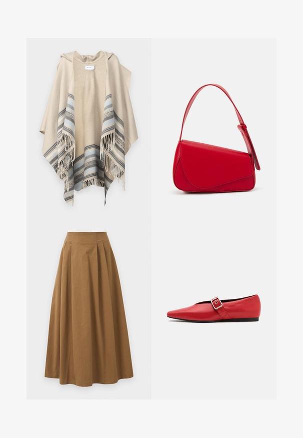 VILA VIEMMA HOODED PONCHO - Keep - birch; Valge nööpidega särk, mis on valmistatud siledast puuvillast. Särgil on klassikaline krae, pikad varrukad ja kaarduv äär. Nöödid on väikesed ja valged.; Pruun puuvillane A-line seelik kõrge vöökohaga, millel on voldid ees ja sile tekstuur. Pika serva viimistlus on puhas ja lihtne.; Punane nahast lameda tallaga king, millel on terav nina, külje peal rihm metallklambriga ja madal must konts. Ühtlane sile tekstuur.; Punane nahast käekott, millel on nurkadega geomeetriline disain. Omab ühte reguleeritavat rihma ja klappidega sulgemist, millel on õmblustega kaunistused.