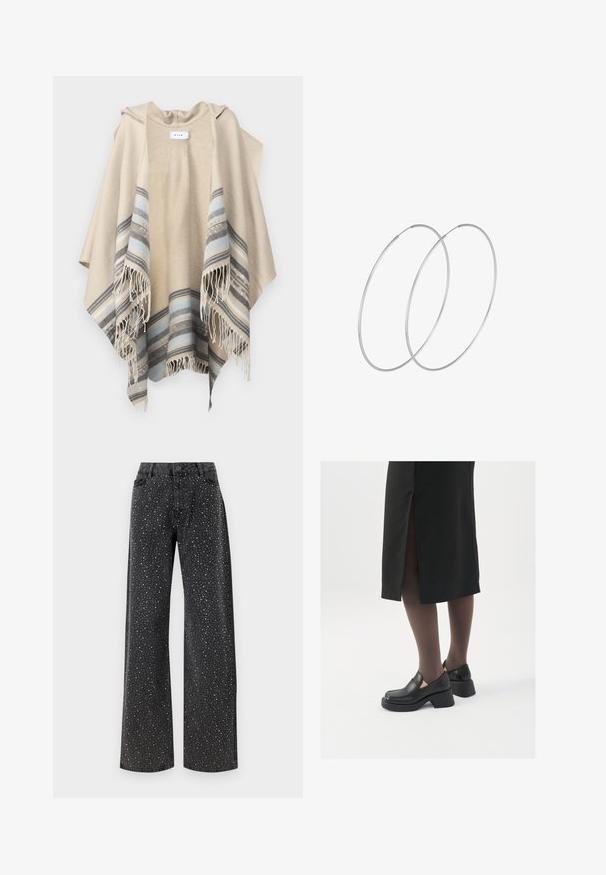 VILA VIEMMA HOODED PONCHO - Poncho - birch; Bodysuit negro de manga larga, con un escote en V de malla y detalle fruncido en los hombros. Tejido suave con una forma ajustada.; Noisy May NMJANNEL LOOSE - Vaqueros boyfriend - black denim; Zapatos de piel negra con punta redondeada, tacón grueso y bloque, y acentos elásticos en los laterales, combinados con unos pantys oscuros y una falda negra con una abertura.; Pendientes de aro plateados con un diseño minimalista. Forma circular, textura suave y perfil delgado. Livianos con un acabado pulido.