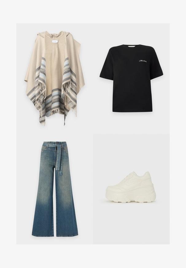 VILA VIEMMA HOODED PONCHO - Cape - birch; Svart bomull t-skjorte med korte ermer og rund hals. Har hvit brodert tekst på venstre brystområde. Slett tekstur.; Bredde ben jeans med en lyseblå til mørkeblå gradient, høyt liv, beltehemper og et matchende belte i samme stoff. Teksturert denimoverflate.; Hvite plattformsnickers med en glatt læraktig overdel, avrundet form, polstret krage og teksturert gummisåle med tydelige dekk.