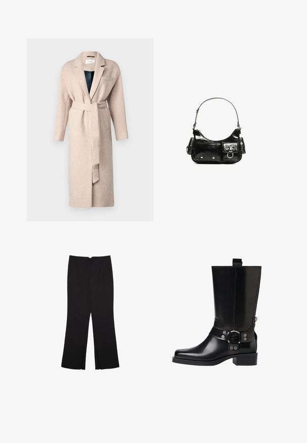 Bež kaput od vune s dugim dizajnom, šalom i pojasom u struku. Ima jedan džep na prsima i mekani materijal.; Crni top bez rukava od pamuka, s okruglim izrezom i širokim izrezima za ruke. Glatka tekstura s ušivenim rubovima. Klasičan, minimalistički dizajn.; Crne hlače ravnog kroja, s prednjim džepovima i bočnim prorezima na rubu. Izrađene od mekog i glatkog materijala. Pogodne za razne prigode.; Crne kožne čizmice do koljena s šiljastim prstima, sličnim srebrnim kopčama i debelim potplatima. Imaju rupicu za lakše oblačenje.; Crna patentna kožna torba s zakrivljenim oblikom, jednim remenom za rame, prednjim džepovima i akcentima od srebrnog tona.