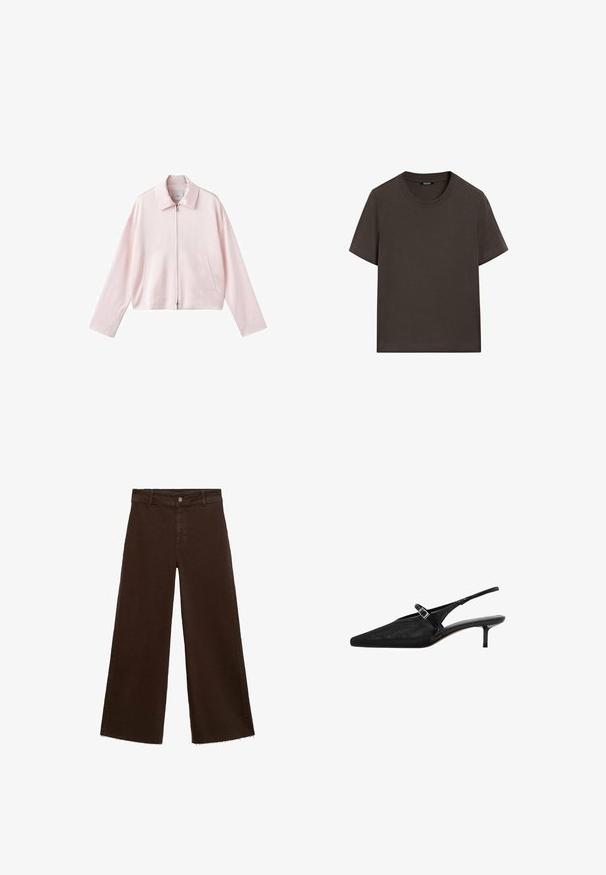 Lichtroze cropped jasje met een puntige kraag, een ritssluiting aan de voorkant en twee zijzakken. Glad materiaal met een eenvoudig, strak ontwerp.; Donkerbruin T-shirt met korte mouwen, gemaakt van katoen. Heeft een ronde halslijn en een ontspannen pasvorm, zonder zichtbare patronen of accenten.; Bruine wijde broek in katoenmix, met een rafelige zoom, sluiting met een knoop aan de voorkant en een klassieke vijf-pocketstijl. Minimalistisch en veelzijdig.; Zwarte slingback hakken met puntige neuzen, een gestructureerde mesh bovenkant, slanke verstelbare band met zilveren gesp en 5 cm stiletto hakken.