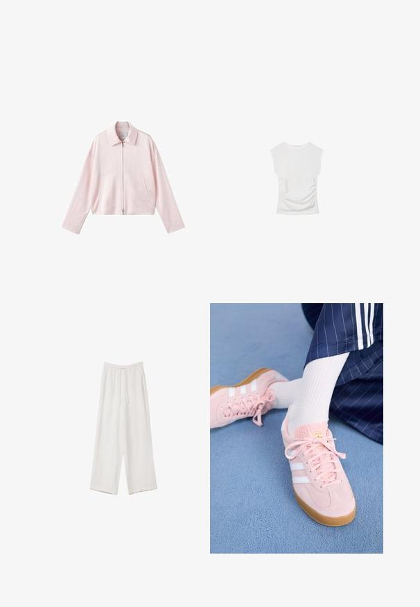 Lys rosa cropped jakke med spids krave, frontlynlås og to sidelommer. Glat stof med et simpelt, rent design.; Hvid kortærmet top med rund halsudskæring. Har samlet tekstur langs siderne og en tilpasset silhuet, lavet af blødt, strækbart materiale.; Hvide bukser med bred benlængde lavet af et letvægtsstof. Har et elastisk talje med snor og sidelommer. Glat tekstur.; Lyserøde ruskinds sneakers med hvide striber og snørebånd, udstyret med en struktureret tunge og en gummisål, placeret på et blåt tæppe.
