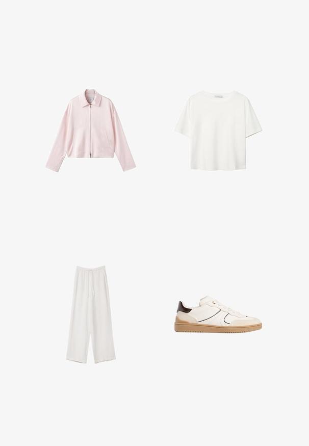 Svetloružová skrátená bunda s špicatým golierom, predným zipsom a dvoma bočnými vreckami. Hladká tkanina s jednoduchým a čistým dizajnom.; Biela krátkopsová tričko vyrobené z bavlny. Má okrúhly výstrih a voľný strih. Hladká textúra bez viditeľných vzorov alebo akcentov.; Biele široké nohavice vyrobené z ľahkej tkaniny. Obsahujú elastický pás so sťahovacou šnúrkou a bočné vrecká. Hladká textúra.; Stradivarius Tenisky - white