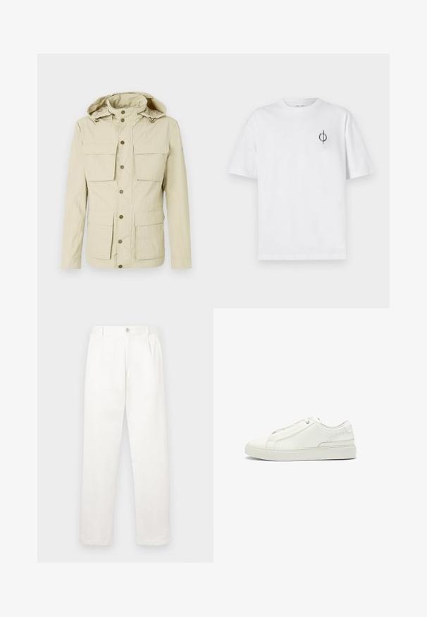 Giacca beige chiaro con cappuccio, dotata di due tasche sul petto e due tasche inferiori. Chiusura con bottoni a pressione e finitura in tessuto testurizzato.; T-shirt in cotone bianco con vestibilità rilassata, presenta un piccolo logo grafico nero nella zona sinistra del petto. Maniche corte, collo a giro.; Pantaloni bianchi realizzati in tessuto liscio, con un design a gamba dritta, pieghe frontali e una chiusura a bottone singolo in vita.; Sneaker bianca in pelle con tomaia testurizzata, punta tonda, design minimalista e suola in gomma con dettagli cuciti.