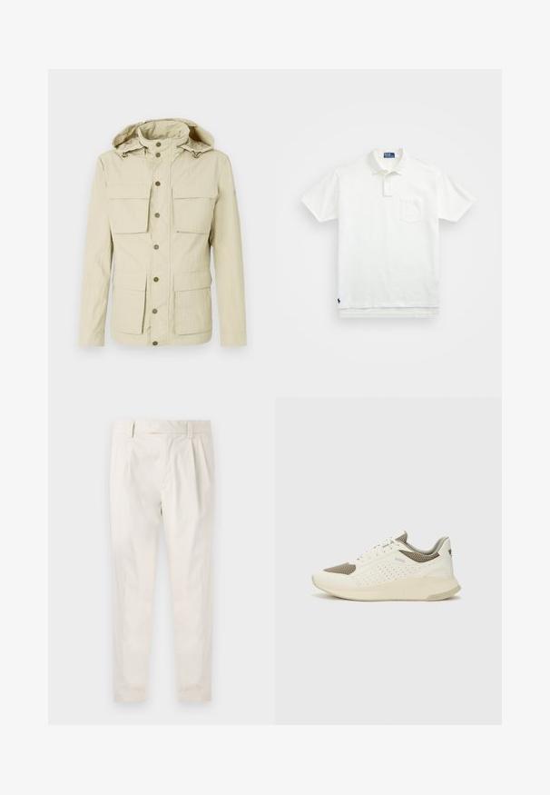 Šviesiai kūno spalvos striukė su gobtuvu, turinti dvi krūtinės kišenes ir dvi apatinės kišenes. Uždarymas su snapavimo mygtukais ir tekstūruoto audinio apdaila.; Balta polo marškiniai pagaminti iš medvilnės, su klasikiniais kraštais, trijų mygtukų sprandeliu ir kairiuoju krūtinės kišeniu; mažas logotipas apačioje.; Balti, susiūtos kelnes, turinčios pritaikytą siluetą, pasižyminčias lygia tekstūra, dirželio kilpomis ir siaurėjančiomis kojomis. Nėra matomų kišenių ar raštų.; Baltas ir šviesiai bežinis sportinis kedas, su tinklo viršumi, perforuotais detalėmis ir tekstūruotu tarpine su logotipu ant kulno.