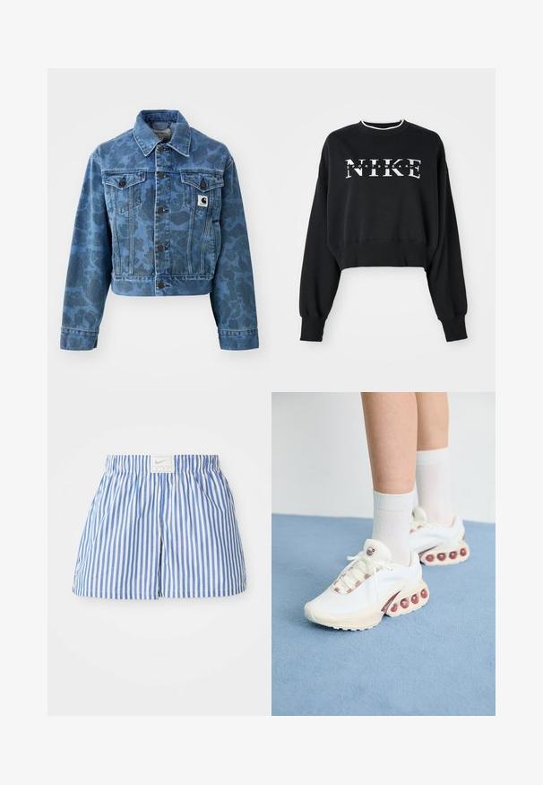 Veste en denim courte bleu avec un motif camouflage subtil, dotée d'un col pointu, de poches avant et de boutons foncés. Étiquette logo Carhartt.; Sweatshirt noir coupé en coton, présentant une impression blanche "NIKE" et "SPORTSWEAR", avec des poignets et un col côtelés.; Shorts rayés bleu et blanc avec une taille élastique et une étiquette arborant le logo Nike. Fabriqués en tissu léger avec une texture lisse.; Baskets de sport blanches avec une tige texturée, présentant un accent rose sur les lacets et de grandes bulles d'air dans la semelle.