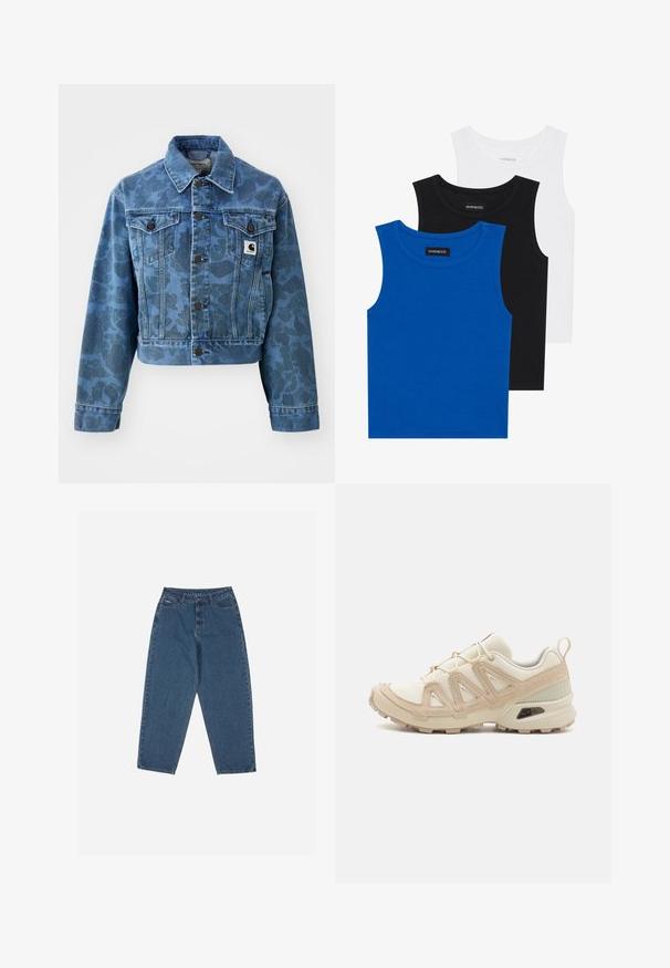 Mėlynas trumpas džinsinis švarkas su subtiliu kamufliažo raštu, turintis smailią apykaklę, priekinėmis kišenėmis ir tamsiomis sagomis. Carhartt logotipo užrašas.; Trys bešvarkiai marškiniai mėlynos, juodos ir baltos spalvų. Medžiaga yra raštuota, su apvalia iškirpte. Kiekvienas marškinys turi etiketę su užrašu „even&odd.“; Mėlyni džinsai su laisvu siluetu, aukštu juosmeniu, penkių kišenių dizainu ir siuvinio akcentais. Su mygtuku ir užtrauktuku.; Bežinės ir kreminės spalvos sportinės bateliai su tekstūruoto tinklelio viršutine dalimi, palaikančiomis detalėmis ir guminiais padais, turinčiais raštą, užtikrinantį sukibimą.