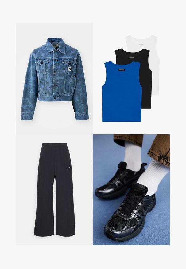 Geknipte denimjas in blauw met een subtiel camouflagepatroon, voorzien van een puntige kraag, voorzakken en donkere knopen. Carhartt logo patch.; Drie mouwloze shirts in blauw, zwart en wit. De stof is ribbelstof met een ronde hals. Elk shirt heeft een label met de tekst "even&odd."; Zwarte wijde broek met een elastische tailleband en een klein wit Nike-logo. De stof heeft een soepele textuur, ontworpen voor comfort en casual gebruik.; Zwarte Nike sportschoenen met een mesh bovenkant en glanzende accenten, zwarte veters en een gestructureerde zool. In combinatie met witte geribde sokken.