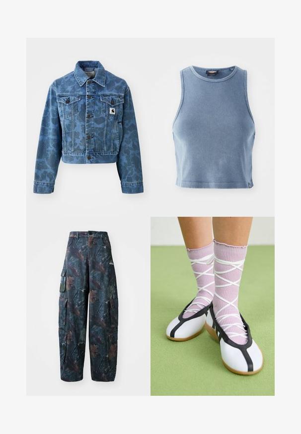 Sinine lühike teksajakk, millel on peen kamuflaažimuster, terava kaeluse, ees olevate taskute ja tumedate nuppudega. Carhartti logo pitser.; Heledsinine ribakujuline lühike top ümmarguse kaelusega ja ilma varrukateta. Sile tekstuur ja väike logo detail allservas.; Tumed roheline ja pruun kamuflaažiga cargo püksid, millel on mitmed taskud ja lahtine lõige, valmistatud kergest ja vastupidavast kangast.; Valged lamedad jalanõud musta ääre ja tallaga, koos heledate lillade soonikatega sokkidega, millel on valged ristvõrgud. Taustal roheline värv.