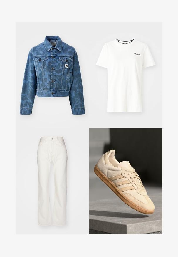 Sinine lühike teksajakk, millel on peen kamuflaažimuster, terava kaeluse, ees olevate taskute ja tumedate nuppudega. Carhartti logo pitser.; Valge puuvillasest t-särgist lühikeste varrukatega ja ümarate kaelustega. Rinnal on must Adidas'i logo ning kontrastne must sisekaelus.; Valged denim püksid kõrge vöökoht ja laia säärega. Omab nupuvajutust ja tõmblukku, vöö loops ja peene õmblemise detailid.; Hele beeži sueded spordijalatsid, millel on kummist välistald, kolm diagonaalset triipu ja tekstuuriga varvaste katus. Omab logo keelel ja külgedel.