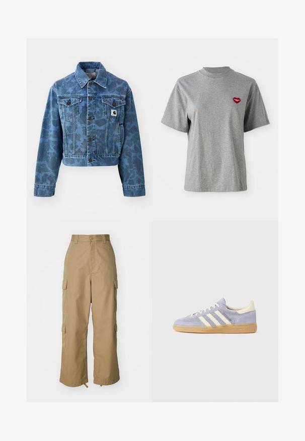 Chaqueta de mezclilla recortada en azul con un sutil patrón de camuflaje, con un cuello puntiagudo, bolsillos frontales y botones oscuros. Parche del logo de Carhartt.; Camiseta gris de manga corta con cuello redondo, con un pequeño parche en forma de corazón rojo en el lado izquierdo del pecho que dice "Carhartt WIP."; Pantalones cargo beige con cintura alta, piernas amplias y cuatro grandes bolsillos laterales. Fabricados con un tejido duradero y una textura suave, con un detalle mínimo.; Zapatillas de ante púrpura con tres rayas blancas, suela de goma y acentos crema en el talón y la lengüeta. Diseño minimalista con detalle de logo.