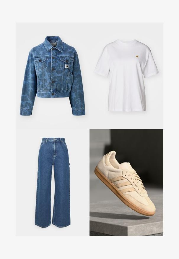 Kratka traper jakna u plavoj boji s suptilnim uzorkom kamuflaže, s naglašenim ovratnikom, prednjim džepovima i tamnim gumbima. Carhartt oznaka.; Bijela pamučna majica s opuštenim krojem, kratkim rukavima i malim izvezenim logom na lijevoj strani prsnog dela.; Široke plave traperice s visokim strukom, kontrastnim šavovima i bočnim džepovima, s klasičnim dizajnom s pet džepova i sirovim rubovima.; Svijetlosmeđi nubuk tenisice s gumenim potplatom, tri dijagonalne pruge i teksturirani vrh. Sadrži logo na jeziku i bočnoj strani.