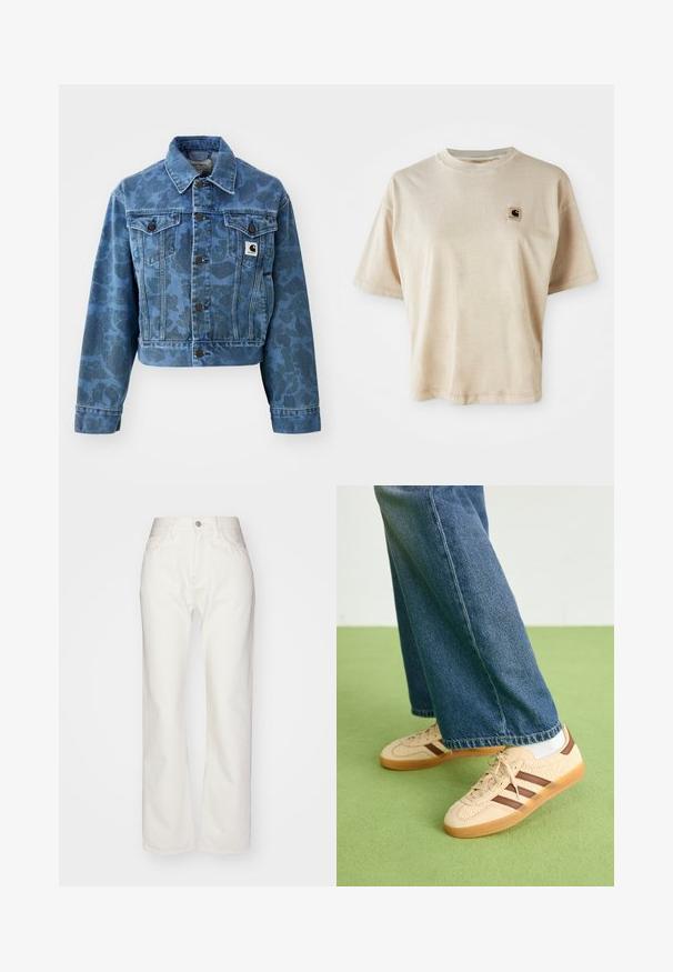 Kratka jeans jakna v modri barvi s subtilnim vzorcem kamuflaže, ki ima koničasto ovratnik, sprednje žepke in temne gumbe. Carhartt logotip.; Bež majica iz bombaža s opuštenim krojem, okruglim izrezom, kratkim rukavima i malim kvadratnim logom na lijevoj strani prsnog područja.; Beli džins hlače z visokim pasom in širokim krojem. Imajo zadrgo in gumb, zanke za pas ter subtilne šive.; Bež teniske z teksturiranimi kremnimi paneli in rjavimi črtami, v kombinaciji z modrimi kavbojkami. Kavbojke imajo široke hlačnice in raztrgan rob.