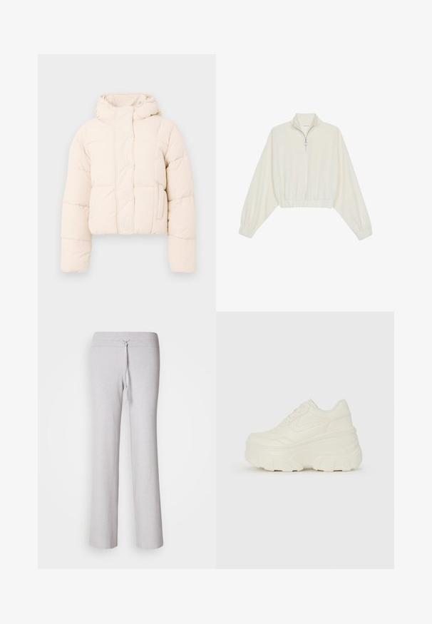 Casaco puffer bege com capuz, apresentando um design acolchoado, botões de pressão e bolsos laterais. Textura suave e acolchoada para aquecimento.; Pullover curto em tecido creme, apresentando um colarinho alto, fecho de meio zíper, bainha e punhos elásticos, com uma textura suave e design minimalista.; Calças de lounging de tecido canelado cinza claro, com um cós ajustável e design de perna larga. Textura suave, silhueta até ao chão.; Tênis brancos de plataforma com um cabedal suave semelhante a couro, formato arredondado, colarinho acolchoado e sola de borracha texturizada com ranhuras bem definidas.
